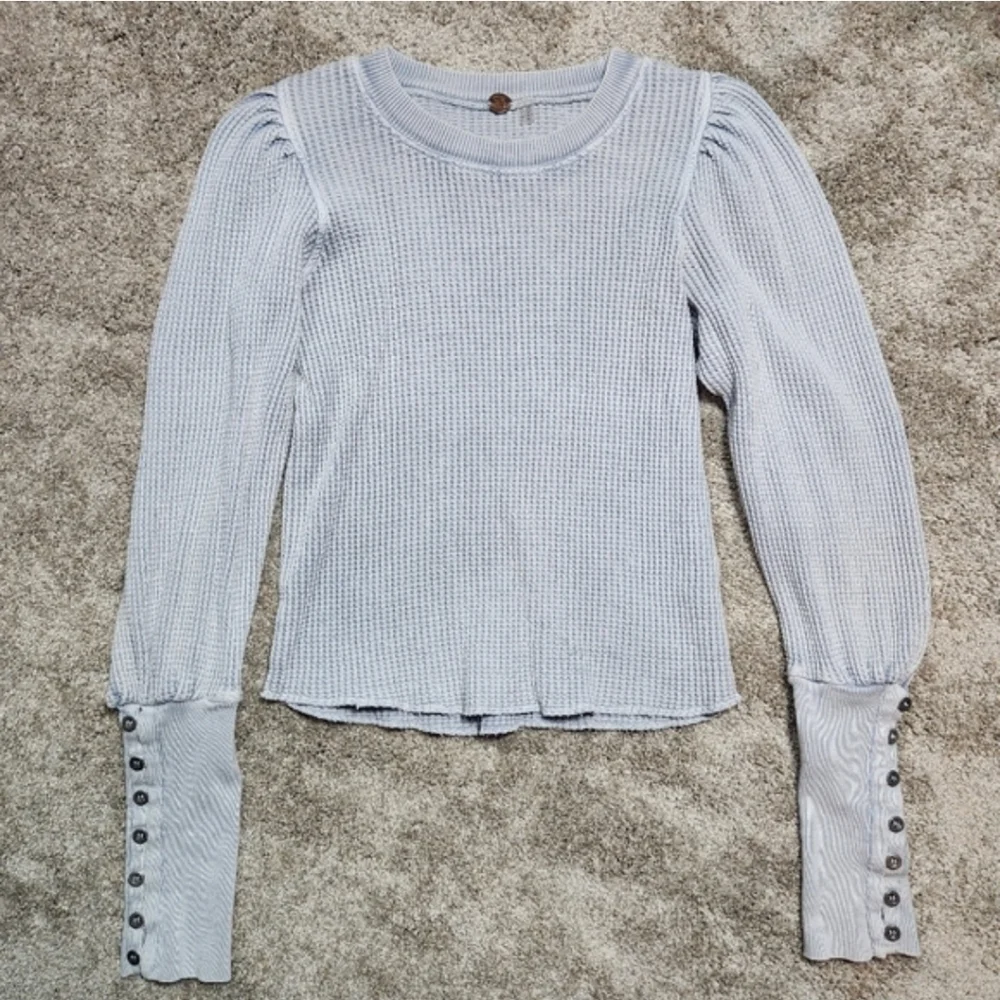 Free People One Wesley Thermal Top Size Medium Blue Moon Crop Cuffed Waffle Knit